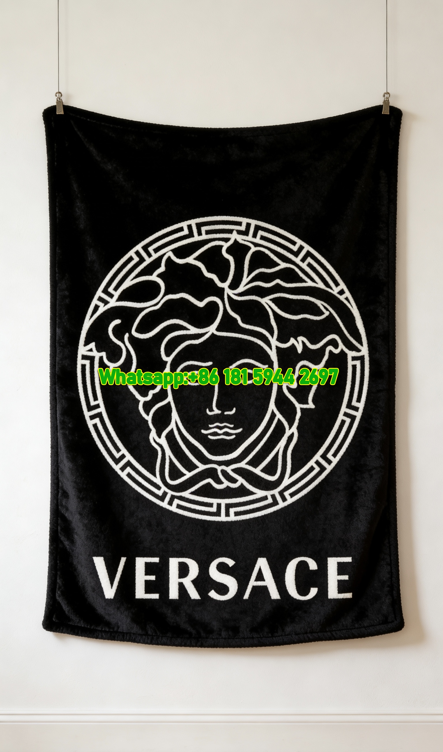 Versace Black White Medusa Greek Key Logo Printed Flannel Throw Blanket IMG_1278